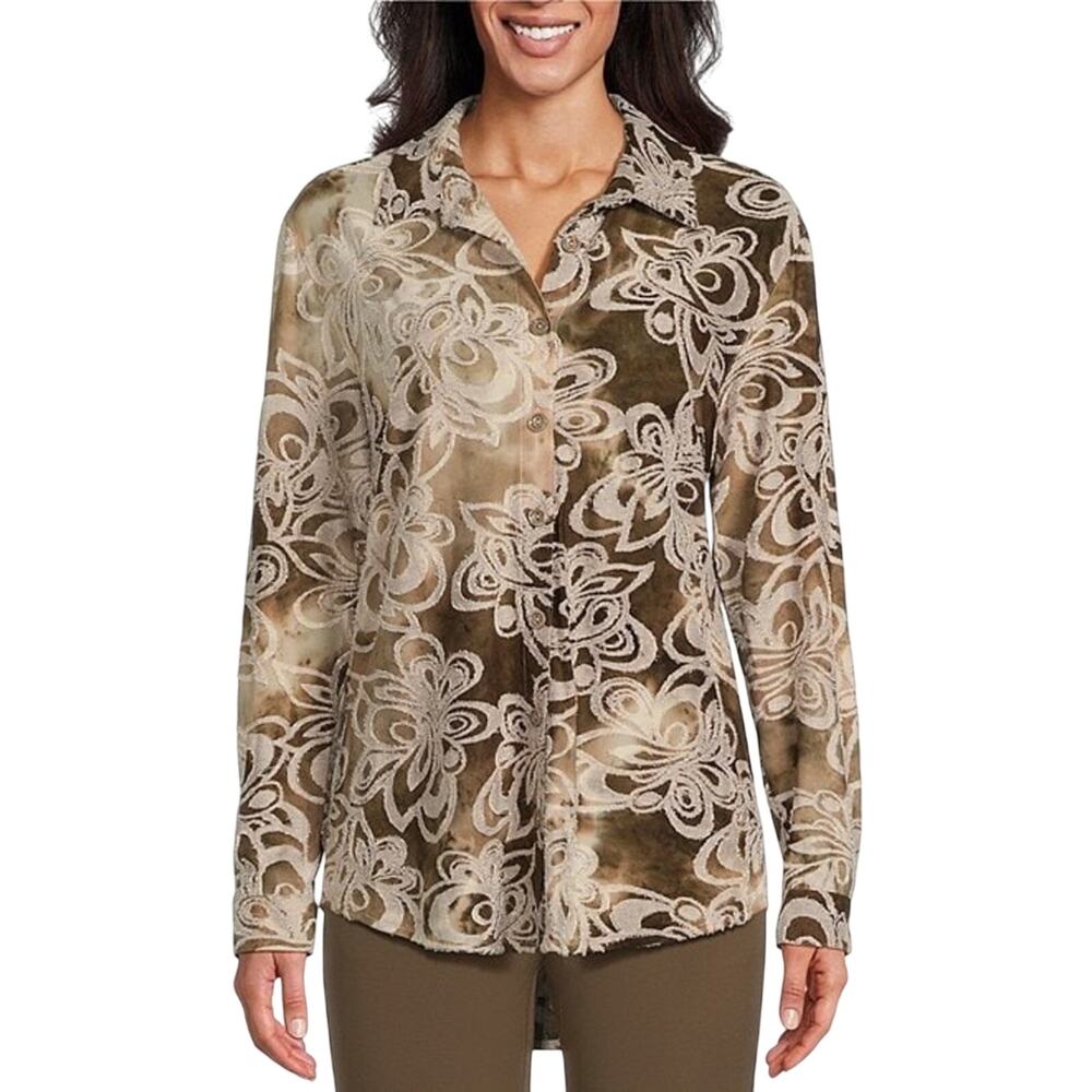 Multiples Tie-Dye Jacquard Knit Point Collar Long Roll-Tab Sleeve Shirt 3X